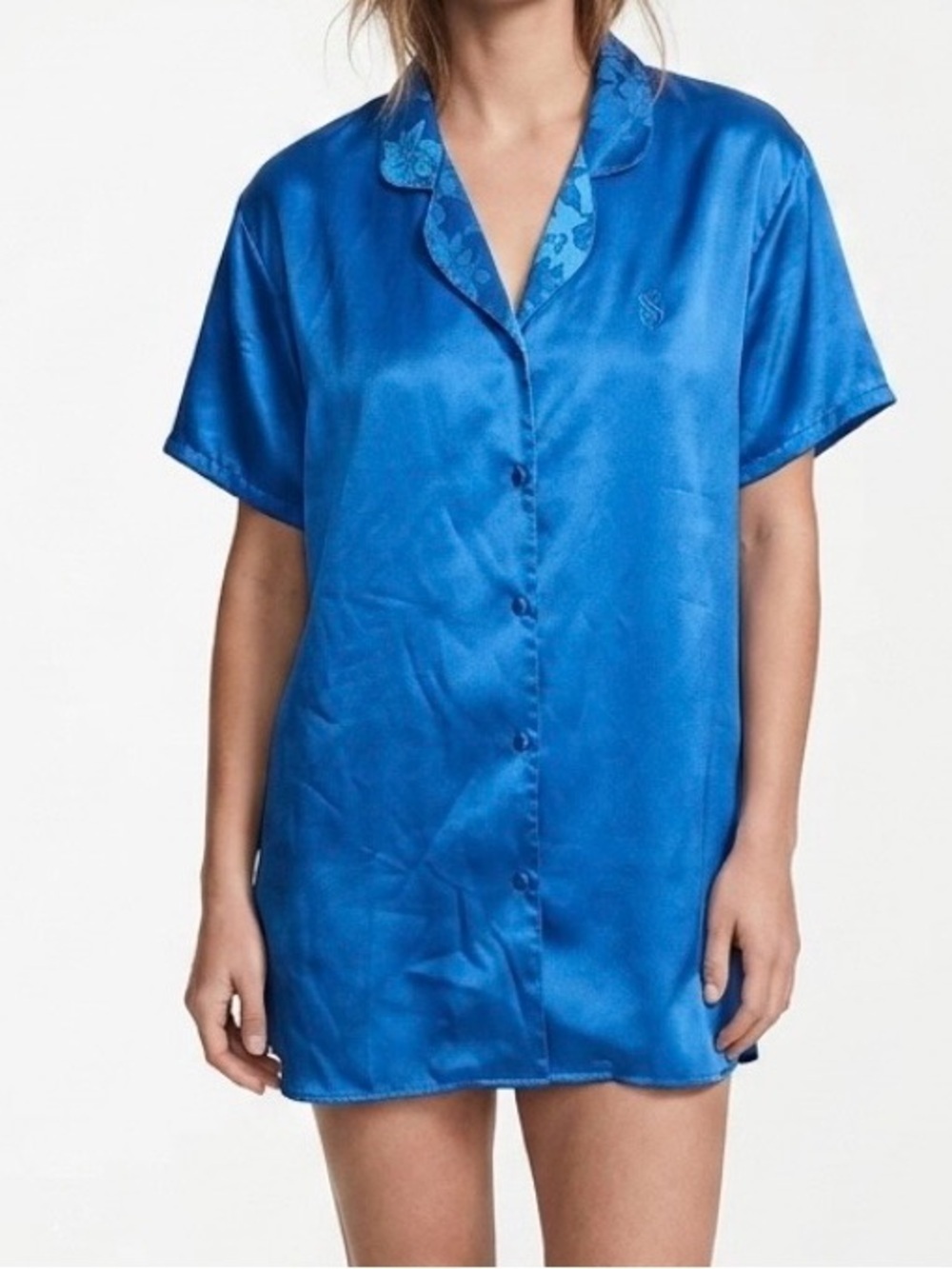 Victoria's Secret Vintage Gold Label Satin Blue Sleep Shirt Gown Floral Collar